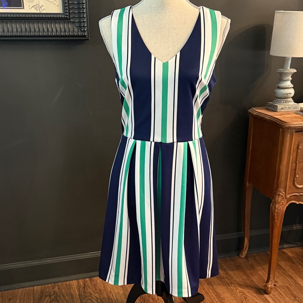 BCX blue green white striped Sleeveless Dress with keyhole back